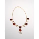 A GOLD NECKLACE SET WITH SPINELS AND CULTURED PEARLS 20TH CENTURY Formed from six spinels,