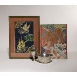 TWO THAI PAINTINGS, A TIBETAN SILVERED COPPER HOLY WATER CONTAINER AND A SILVER BOWL 19TH/20TH