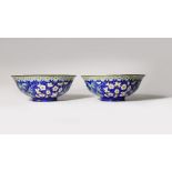 A PAIR OF CHINESE BLUE-GROUND CANTON ENAMEL 'PRUNUS AND BAMBOO' BOWLS 18TH/19TH CENTURY Each with
