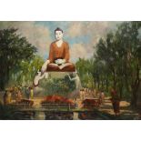 U NGWE GAING (1901-67) WORSHIPPERS AROUND A LARGE BUDDHA STATUE A Burmese painting, oil on board,