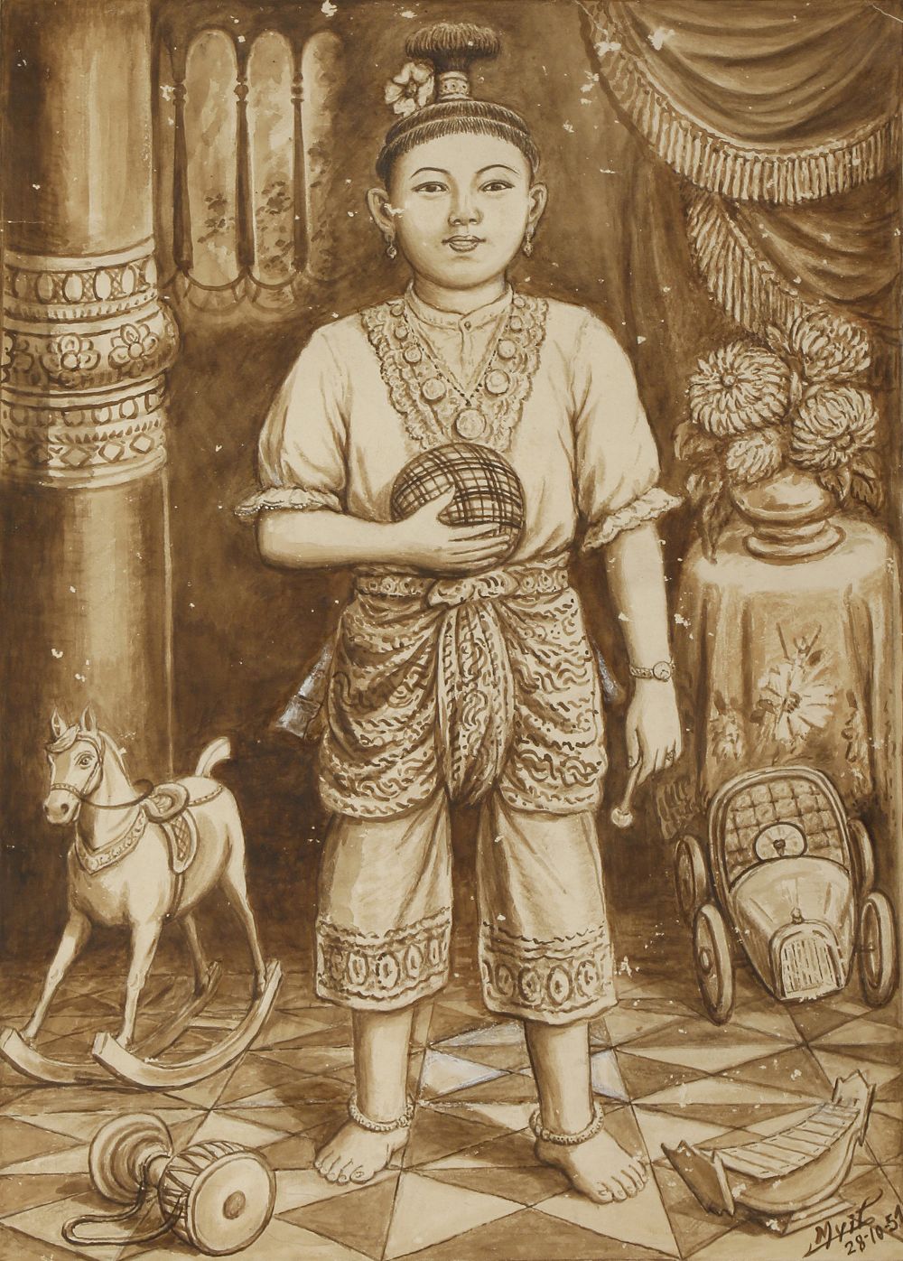 SAYA MYIT (1886-1966) PORTRAIT OF A YOUNG BOY A Burmese painting, ink on paper, signed Myit and