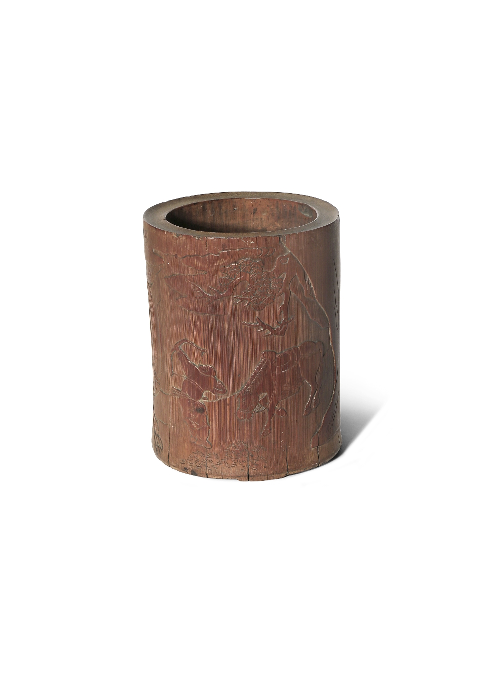 A CHINESE BAMBOO BITONG QING DYNASTY The cylindrical body carved in shallow relief with a continuous