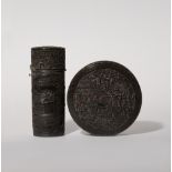λ A CHINESE CANTON CARVED TORTOISESHELL CIRCULAR BOX AND COVER AND AN ETUI CASE 19TH CENTURY