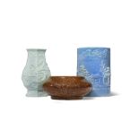 THREE SMALL CHINESE MONOCHROME ITEMS QING DYNASTY One a brown glazed brush washer decorated with a