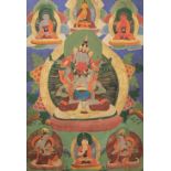 A TIBETAN THANGKA 19TH/20TH CENTURY Depicting blue Vajradhara and his red consort Bhagavani in union