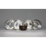 FOUR CHINESE SILVER DISHES AND A COCONUT CUP QING DYNASTY AND LATER The cup carved with three shou