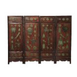 A CHINESE BRONZE INLAID FOUR-FOLD SCREEN 19TH CENTURY The wood frame decorated with bronze plaques