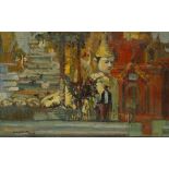 U THAN AUNG (1936-2000) AT THE SHWEDAGON PAGODA A Burmese painting, oil on canvas, signed and