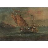 FONG QUA (19TH CENTURY) A JUNK OFF THE COAST A Chinese painting, oil on canvas, framed, with an