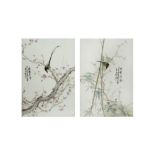 A PAIR OF CHINESE PORCELAIN PLAQUES 20TH CENTURY Painted with birds perched amidst bamboo and