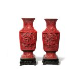 A PAIR OF CHINESE CINNABAR LACQUER SQUARE-SECTION VASES LATE QING DYNASTY/REPUBLIC PERIOD Each facet