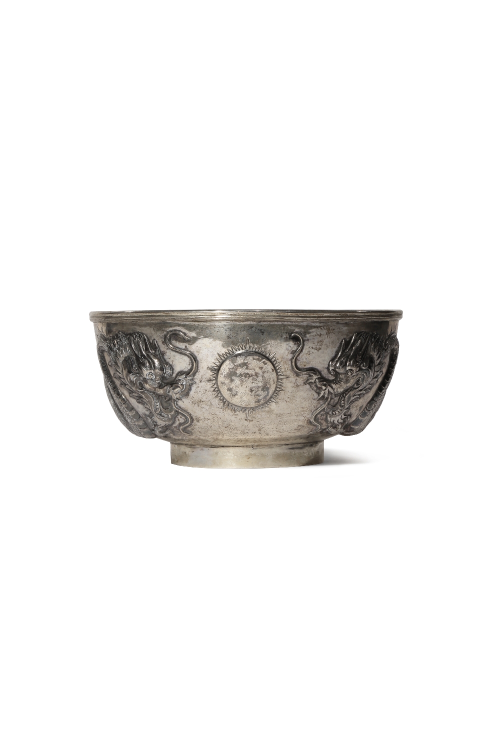 A CHINESE INSCRIBED SILVER 'DRAGON' BOWL LATE QING DYNASTY Decorated in repouss? with two scaly