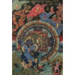 A TIBETAN THANGKA 20TH CENTURY Brightly painted with a fierce blue deity brandishing a flaming sword