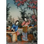 TWO CHINESE REVERSE GLASS PAINTINGS 19TH CENTURY One depicting two beauties beneath a blossoming