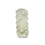 A CHINESE CELADON JADE 'SQUIRREL AND VINE' TRAY LATE QING DYNASTY Formed as a large leaf issuing