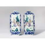 A PAIR OF CHINESE FAMILLE ROSE AND UNDERGLAZE BLUE SQUARE-SECTION VASES 19TH CENTURY Each facet