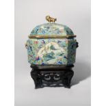 A CHINESE FAMILLE ROSE TURQUOISE-GROUND BOWL, LINER AND COVER 19TH CENTURY The exterior decorated