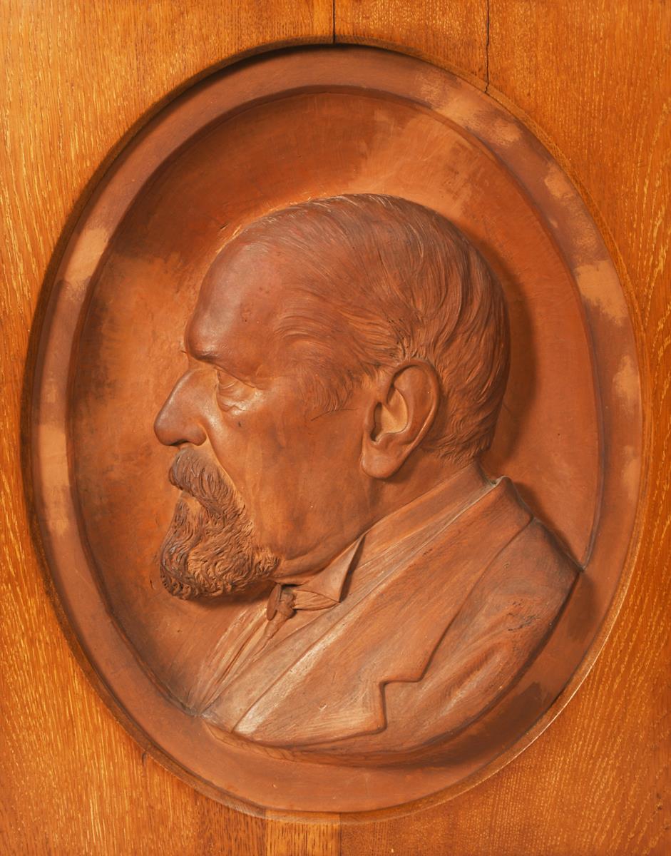 Sir William Richard Drake FSA a terracotta plaque by Robert Wallace Martin, dated 1888, oval