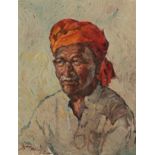 Mohammed Hoessein Enas (Malaysian 1924-1995) Portrait of a man in an orange turban Signed and