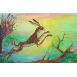 ‡ Sven Berlin (1911-1999) Leaping hare Signed and dated 78/79 Oil on board 58.5 x 89.5cm