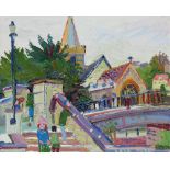 ‡ Fred Yates (1922-2008) Figures on a bridge outside a church Signed Oil on canvas 25.4 x 30.7cm