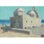 ‡ Georges Cosmadopoulos (Greek 1895-1967) Orthodox Greek church by the sea Signed Oil on board 17.