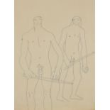 ‡ Keith Vaughan (1912-1977) Two figures with staffs Pen and blue ink, studio stamp to reverse (