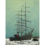 ‡ Charles Pears RI, ROI, RSMA (1873-1958) A ship and tug boat in a harbour at night Signed Oil on
