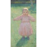 Iso Rae (Australian 1860-1940) Girl in a meadow holding a flower Signed Oil on canvas 105.5 x 59.5cm