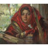 Attributed to Philip Andreevich Maliavin (Russian 1869-1940) Young woman with a red shawl Oil on