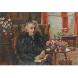 William Gershom Collingwood (1854-1932) Portrait of Mrs James Thorneley seated in an interior Signed