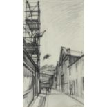 ‡ George Chapman (1908-1993) Street scene with scaffolding Signed Charcoal 45.3 x 26.2cm