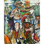 ‡ John Bratby RA (1928-1992) Self portrait standing at his easel in y-fronts Signed Oil on canvas,