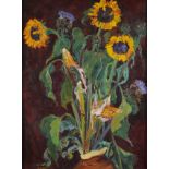 ‡ Paddy Higson (Scottish Contemporary) Still life with sunflowers in a vase Signed Oil on canvas