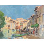 ‡ Georges Charles Robin (French 1903-2003) Figures and boats on the edge of a sunlit town Signed Oil