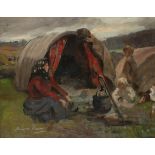 ‡ Anna Dixon (Scottish 1873-1959) Cooking over a campfire (recto), Farmhouse (verso); Laundresses by
