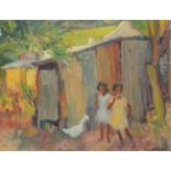 May Hillhouse (South African 1908-1989) Two girls in a yard Signed and dated 48 Oil on canvas 39.9 x