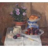 ‡ Pamela Kay RWS, RBA, NEAC (b.1939) Still life with a dish of plums, a croissant and michaelmas