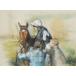 ‡ Nicholas Tolley (b.1958) Two figures helping Lester Piggott mount a racehorse Signed Mixed media