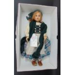 A Gotz doll dressed in a tartan skirt, with linen blouse, wool scarf, etc, with certificate and