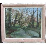 20th century British school - Study of a landscape with bridge, oil on canvas, signed with