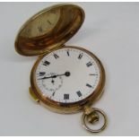 Good 9ct full hunter pocket watch, the enamel dial with Roman numerals and subsidiary second dial,