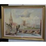 W E Philips (20th century British) - River view of Bristol, including Bristol Bridge, oil on canvas,