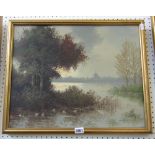 W C Hayer (20th century) - Landscape with river and distant church, oil on canvas, signed, 40 x