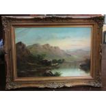 B Ward (Early 20th century British) - Mountainous landscape with fishermen, oil on board, signed, 40