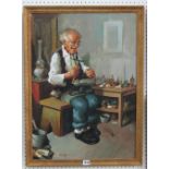 V Ciapa (20th century continental school) - Study of a cobbler in his workshop, oil on board,