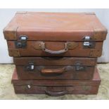 Four vintage stitched tan leather suitcases of varying size