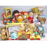 A box containing a collection of various wooden toys to include pull-along toys and Pelham