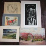 A folder containing an extensive collection of screen type prints, drawings, watercolours, maps,