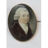 18th century - Miniature bust length portrait of oval form of a gentleman in brown coat and white